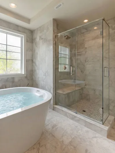 Vertical shot of a luxurious bathroom with a freestanding tub and a multi-jet shower