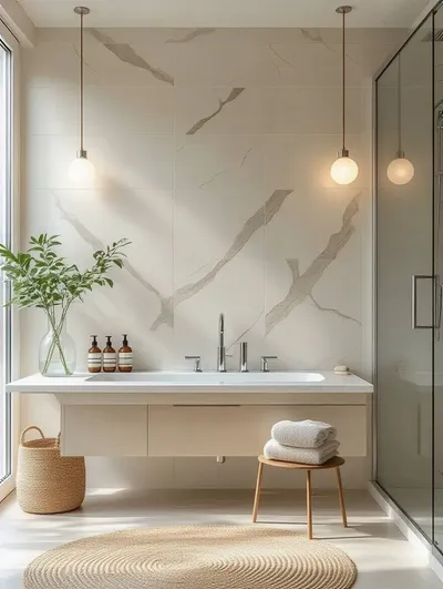 Moisture-resistant bathroom wall treatment in a modern bathroom (portrait view)