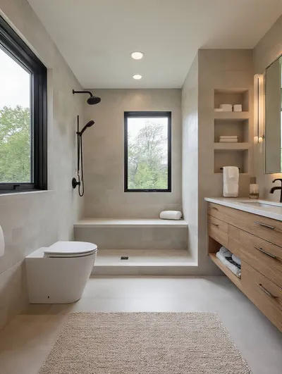 Modern bathroom with streamlined storage and walk-in shower emphasizing practicality