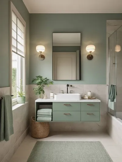 Portrait view of a serene bathroom interior with cohesive color palette