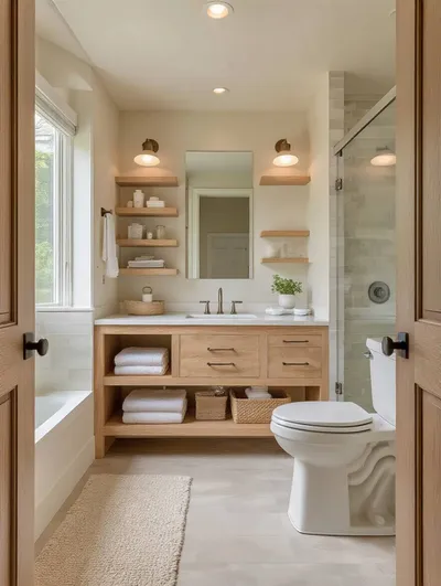 Portrait shot of a bathroom layout focused on function and flow