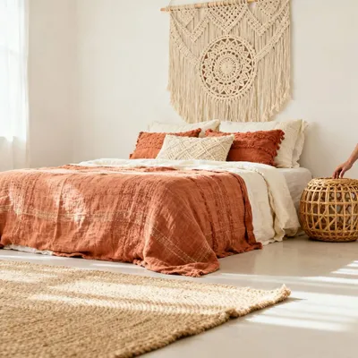 A boho bedroom featuring layered woven textures, including a jute rug, linen bedding, macrame wall art, and a rattan pouf, creating a warm and inviting atmosphere.