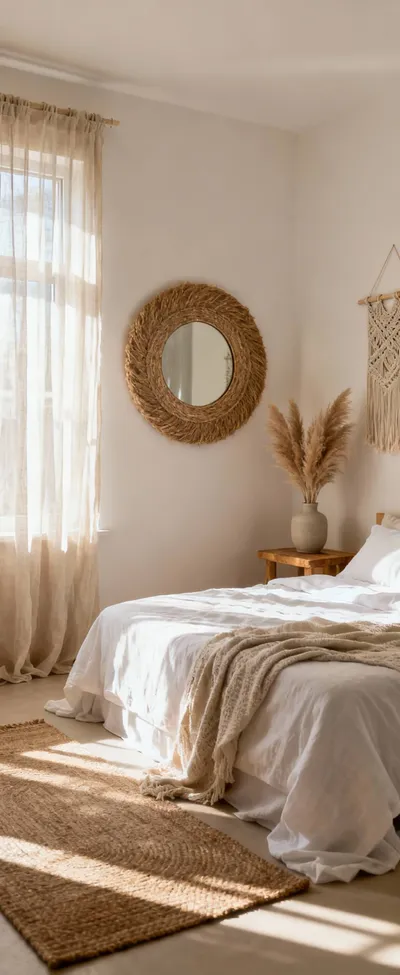 A bright and airy boho bedroom with ample natural light, featuring sheer linen curtains, a jute-framed mirror reflecting light, and creamy white walls, enhancing an inviting and expansive ambiance.
