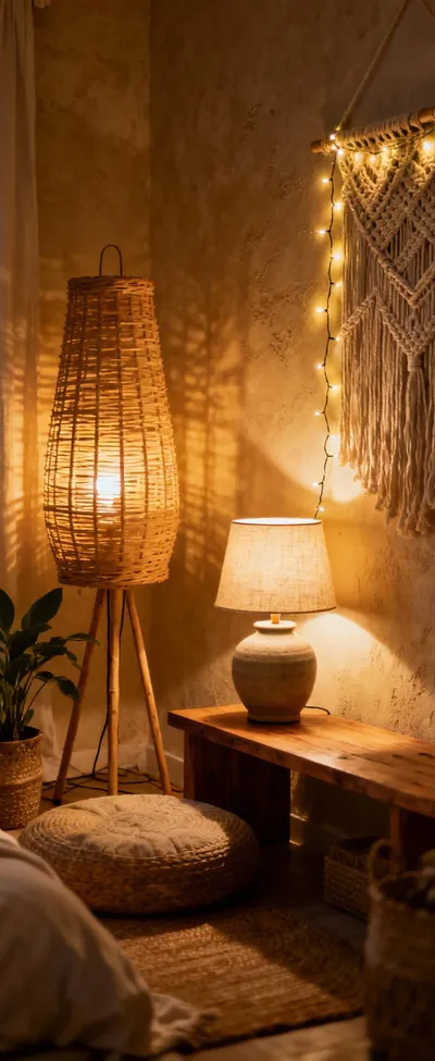 Boho bedroom corner with warm ambient lighting, featuring rattan floor lamp, ceramic table lamp, and string lights creating a cozy glow. Focus on natural textures.