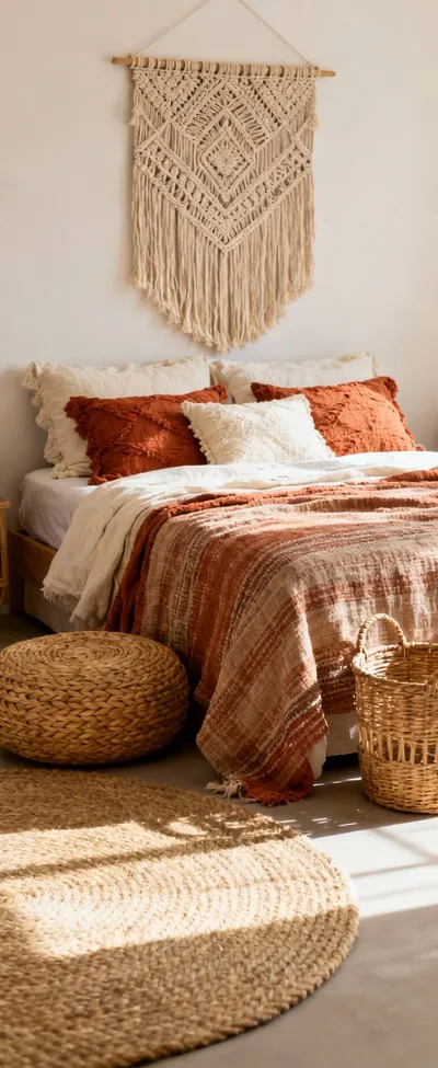 A boho bedroom featuring layered woven textures, including a jute rug, linen bedding, macrame wall art, and a rattan pouf, creating a warm and inviting atmosphere.