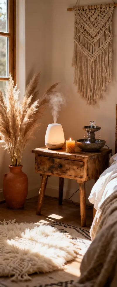 A serene boho bedroom corner with a ceramic essential oil diffuser, a small tabletop water fountain, and woven macrame, creating a calm sensory experience.