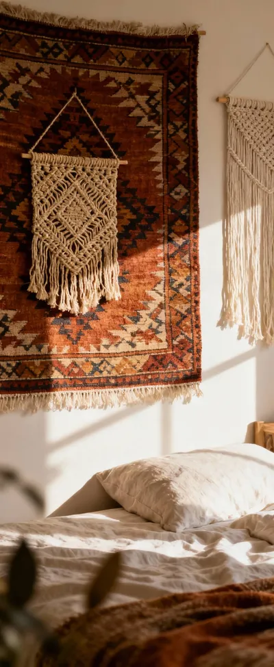 A serene bohemian bedroom wall decorated with a large, richly textured kilim rug serving as a wall hanging, layered with a smaller intricately woven jute tapestry, and a raw cotton tapestry with fringe, illuminated by soft natural light. The arrangement adds significant artistic dimension to the space.
