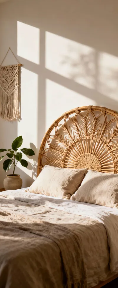 A serene bohemian bedroom featuring a bed with a large, intricately woven rattan sunburst headboard. Soft linen bedding in natural tones, a macramé wall hanging, and a potted plant complete the decor.