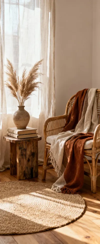 Boho bedroom corner with sustainable and ethically sourced decor including a jute rug, rattan chair, organic cotton throw, and reclaimed wood table with handcrafted ceramic vase.