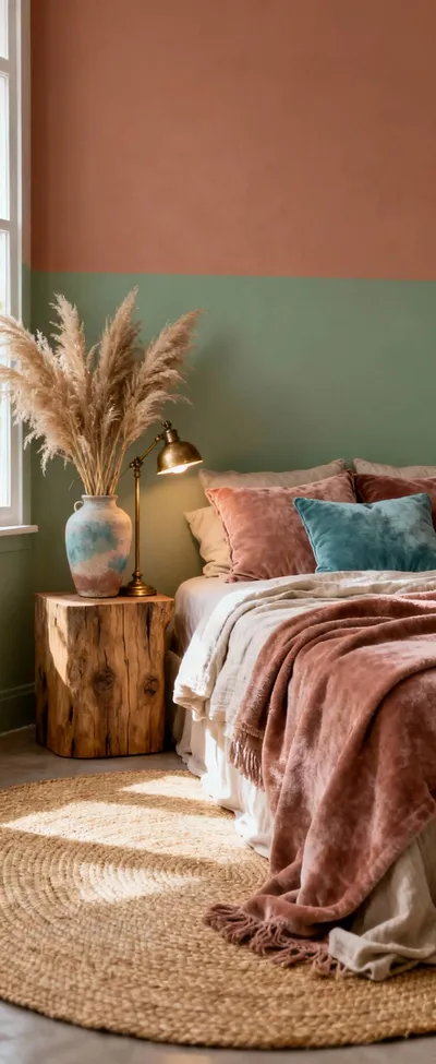 Boho bedroom with earth tones, terracotta wall, jute rug, muted dusty rose and desaturated sapphire velvet pillows, raw wood, antique brass lamp.