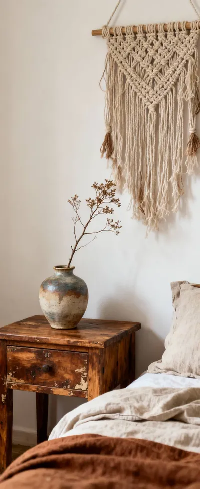 Boho bedroom corner with aged teakwood bedside table, imperfect ceramic vase, and macrame wall hanging, embodying Wabi-Sabi principles and organic beauty.