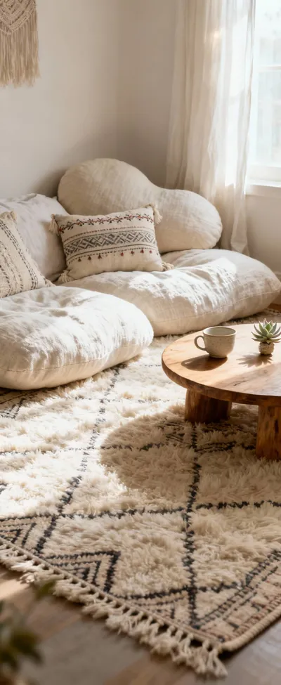 Bohemian bedroom corner featuring layered ground-level floor cushions, a plush Moroccan rug, and a low wooden table with a plant, creating an inviting and effortless seating area.