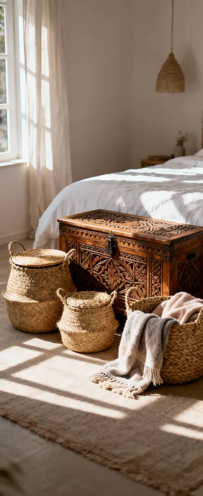 Bohemian bedroom with hand-carved wooden chest and woven seagrass and jute baskets for stylish, thoughtful storage, bathed in soft natural light.