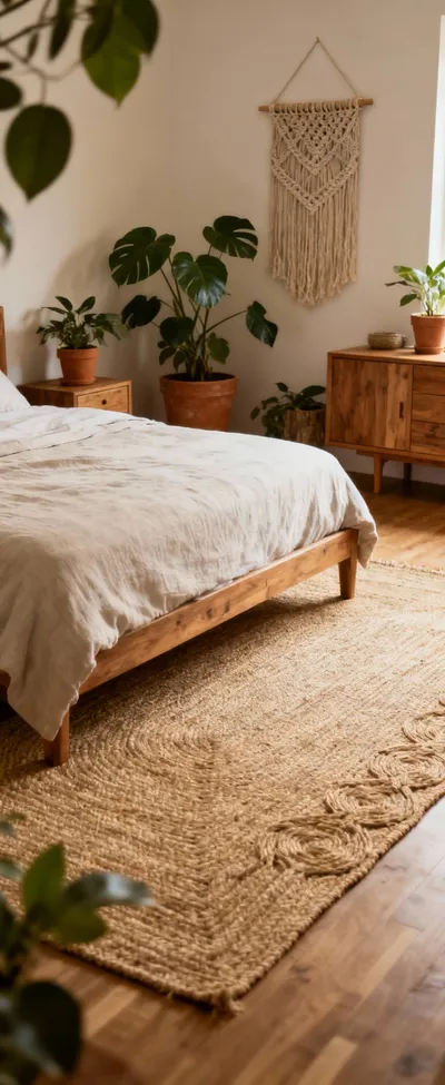 Boho bedroom with large natural jute area rug under a queen bed, defining the space with organic texture, warm tones, and macrame decor. Serene and inviting.