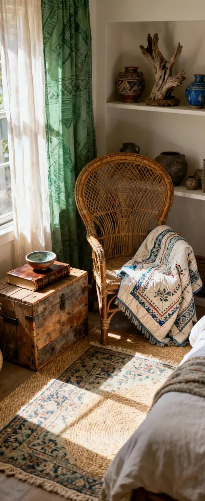 Boho bedroom with layered vintage Persian rug, rattan peacock chair, heirloom quilt, antique books, and global pottery, showing eclectic vintage decor.