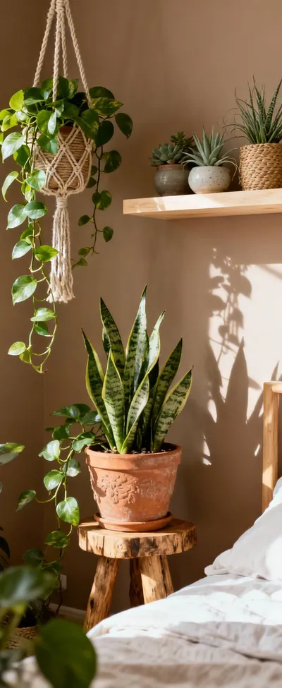 Boho bedroom corner with various trailing plants in macrame hangers, large potted snake plant in a terracotta pot on a wooden stand, and smaller botanicals on a floating shelf, all bathed in soft natural light, highlighting the lush greenery.